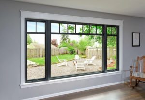 Set of black picture windows in home